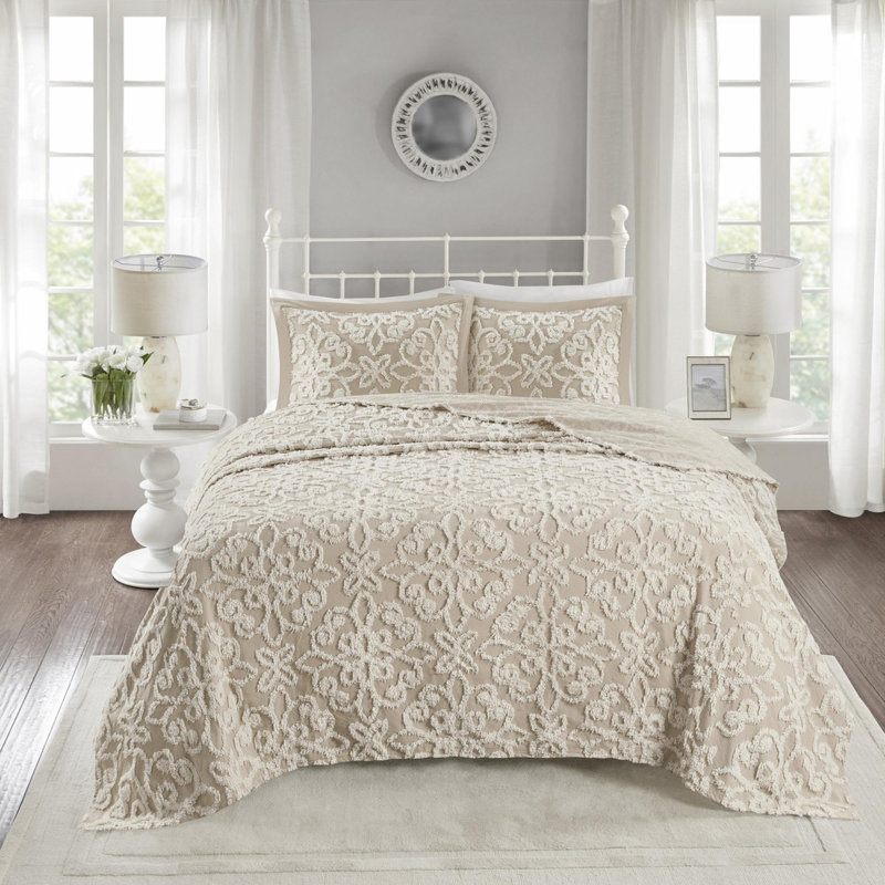 Tufted Cotton bedspread 3 piece set, Full Bedspread + 2 Standard Shams, Off White