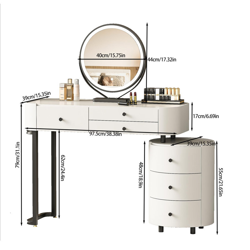 Coiffeuse de maquillage avec lumières et miroir pivotant à 360 °, coiffeuse avec 6 tiroirs, blanc