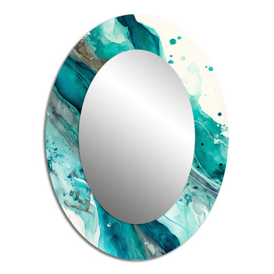 Turquoise Waves In Paradise V - Abstract Oval Decorative Mirror On Metal