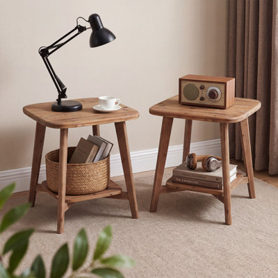 Solid Wood End Table, 2-Tier Farmhouse Square Side Table with Storage, Small Bedside Table for Living Room, Bedroom