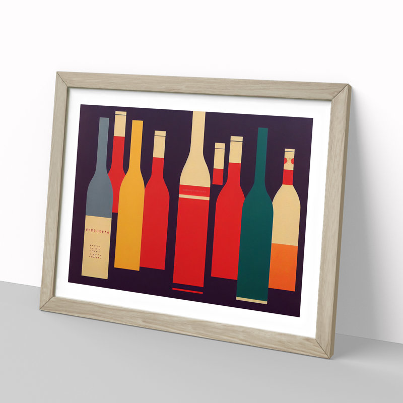 Retro Wine Bottle Vol.1 - Framed Print, 25cm H x 34cm W x 2cm D, Oak Framed