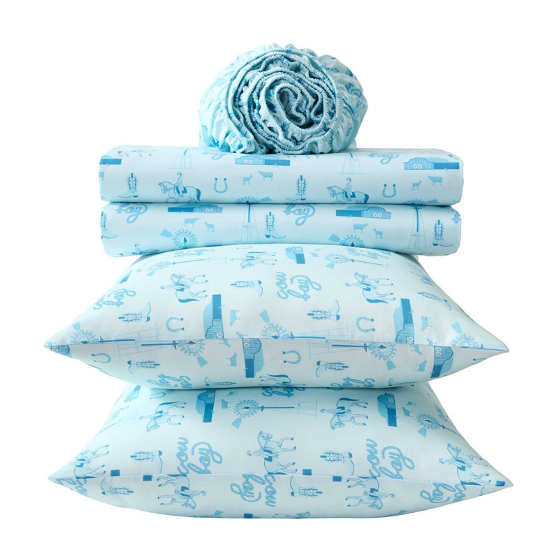 Wrangler Kids Horse Farm Blue Sheet Set, Twin Sheet Set with 1 Pillowcase, Horse Farm Blue