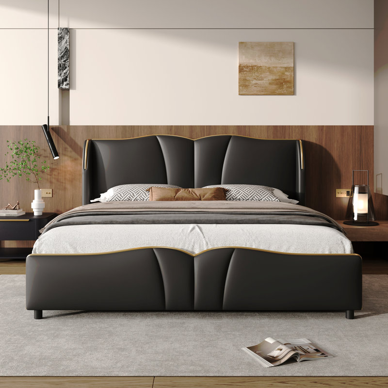 Structure de lit tapissier très grand en cuir, cadre de lit moderne avec tête de lit à oreilles, lit plateforme tapissier avec pied de lit ondulé, pas de sommier nécessaire