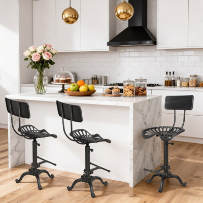 SET OF 3,INDUSTRIAL VINTAGE CAST IRON ADJUSTABLE STOOL WITH BACKREST – RUSTED IRON FINISH