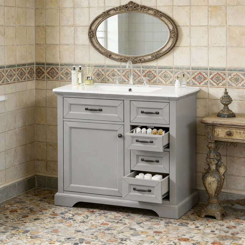 Bathroom Vanity with Sink, 2 Tip-out Drawers and Soft Close Door, Light Grey