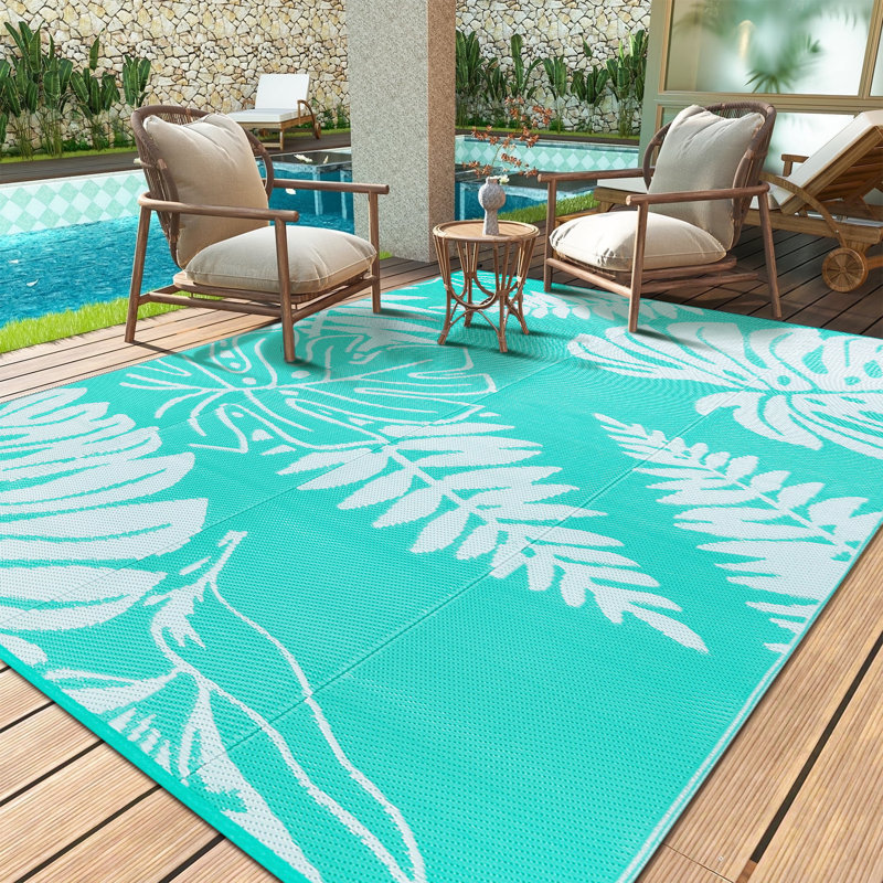 Ellie Reversible Leaf Outdoor Rug, Rectangle 9' x 12', Blue
