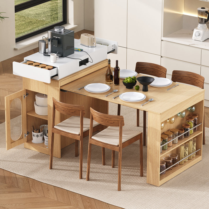 Extendable Dining Table with Folding Tabletop, Kitchen Island with Power Outlet & Storage, Natural