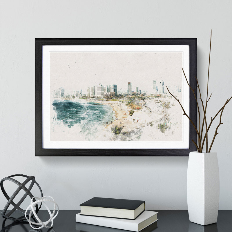 Tel Aviv Israel Skyline - Picture Frame Painting Print, 45cm H x 63cm W x 2cm D, Walnut Framed