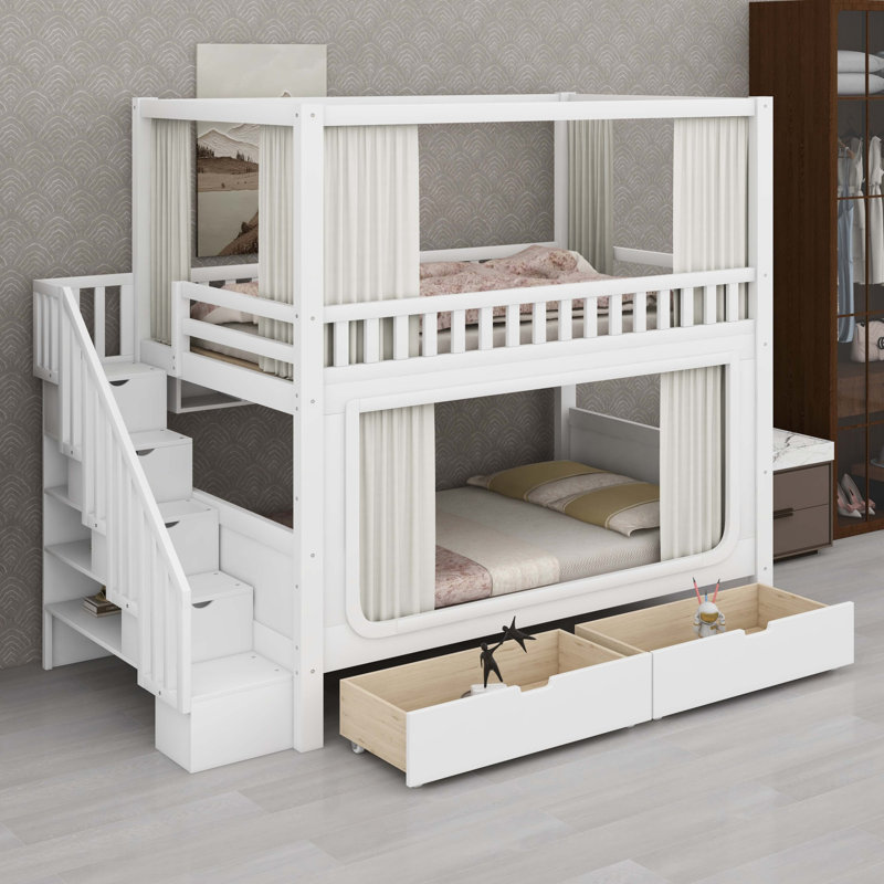 Lit superposé avec rideaux d'intimité, lumières DEL sous le lit, escalier de rangement et tiroirs