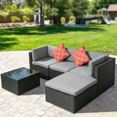 Ensemble de mobilier de patio 5 pièces en osier, canapé modulaire en rotin d'extérieur avec coussins et table basse, ensemble de conversation modulaire pour balcon de véranda, gris