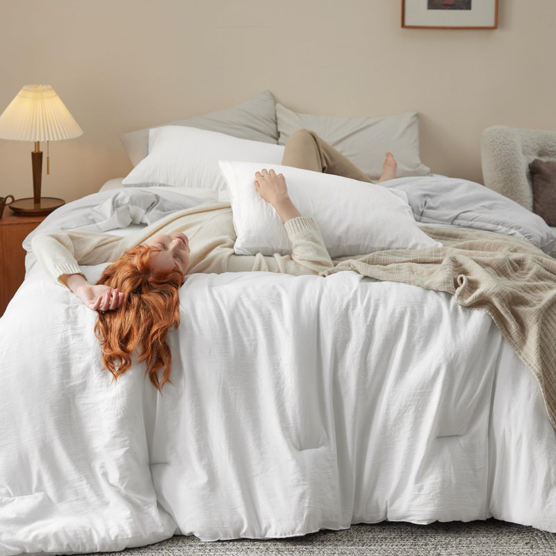 Bedsure Reversible Prewashed Comforter Set, White/Oyster Mushroom, King Comforter + 2 Standard Pillowcases