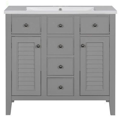 Meuble-lavabo 36 po avec lavabo en céramique, deux armoires et cinq tiroirs, structure en bois massif, gris