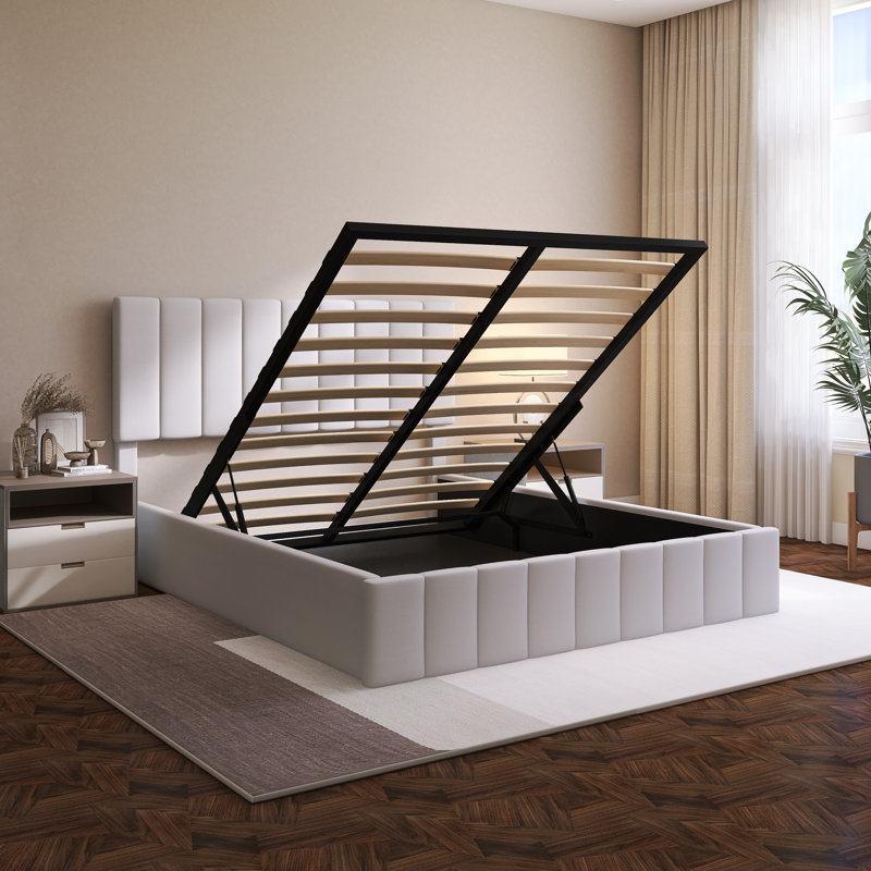 Upholstered Platform Bed With A Hydraulic Storage System, White, Queen