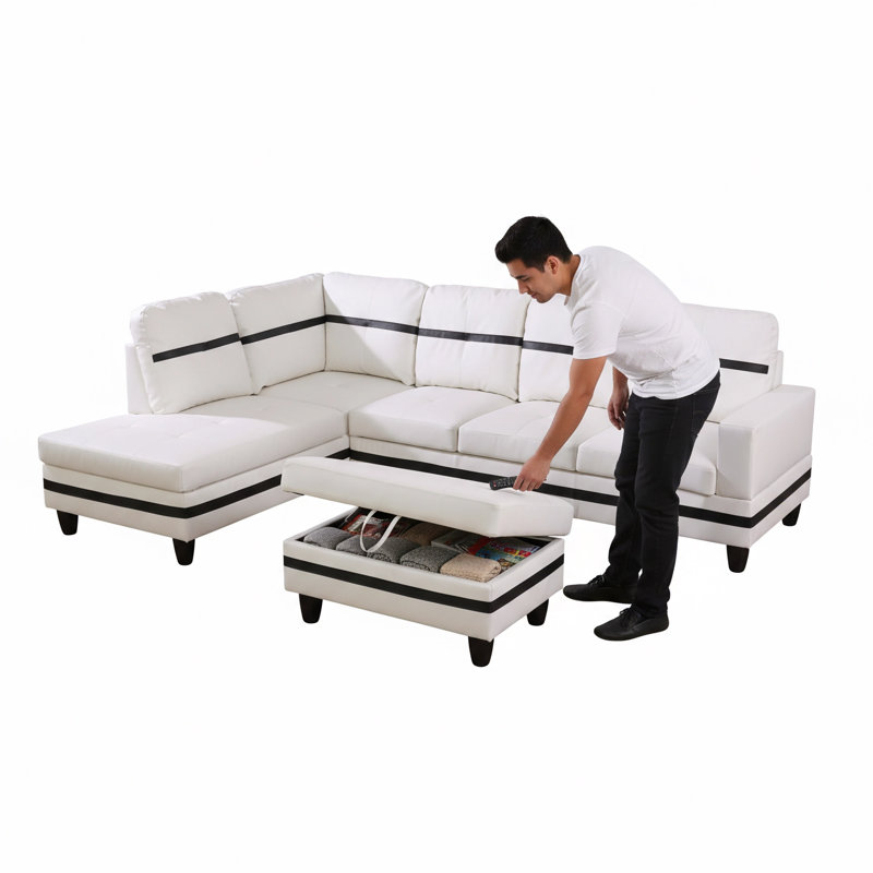 Black And White Colour Matching Breathing Leather Sofa Three Piece Set, Cross Woven Concave Surface With Storage Footstool