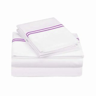 400TC Double Embroidery Sateen Solid Cotton 4 Piece Sheet Set Fitted Sheet Fits Upto 16" Deep Pocket, Lilac