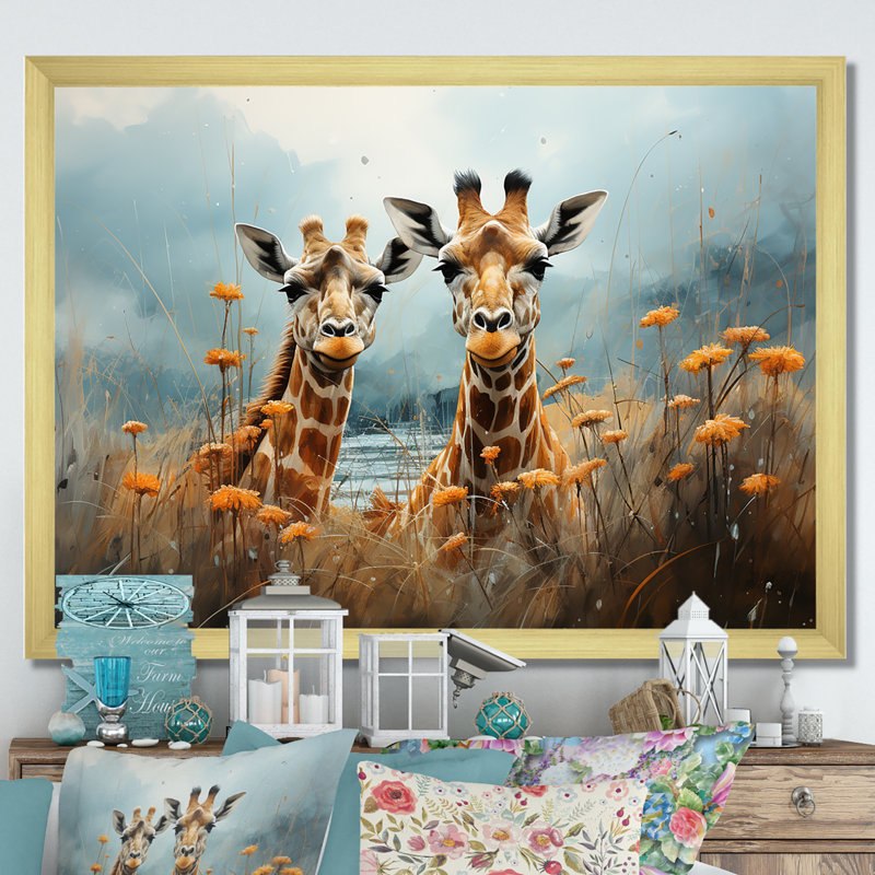 Mignonne girafe dans un champ de fleurs I, H 34 po x l 44 po x P 1,5 po, Cadre doré simple