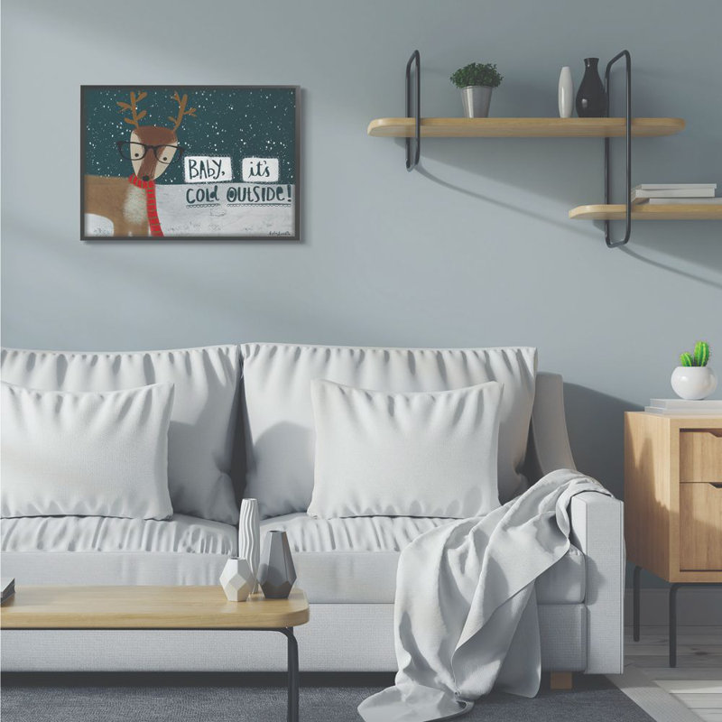 «Baby Its Cold dehors Deer», peinture, H 24 po x l 30 po, Giclée encadrée noir minuit