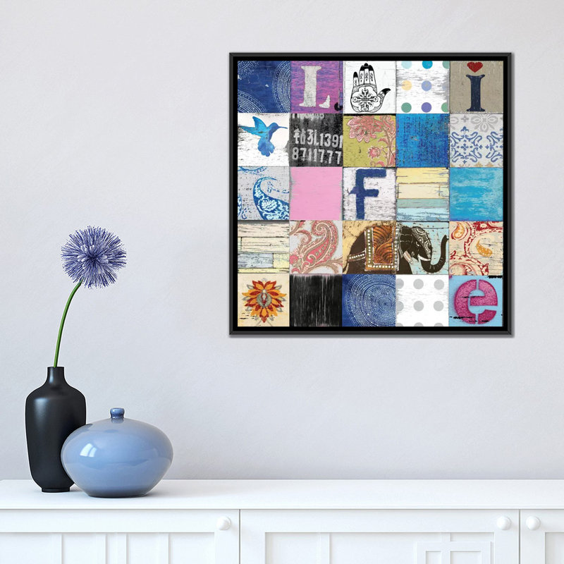 « boho life », reproduction d’art sur toile, H 18 po x l 18 po x P 1,5 po, Toile avec cadre noir, Pas de tapis