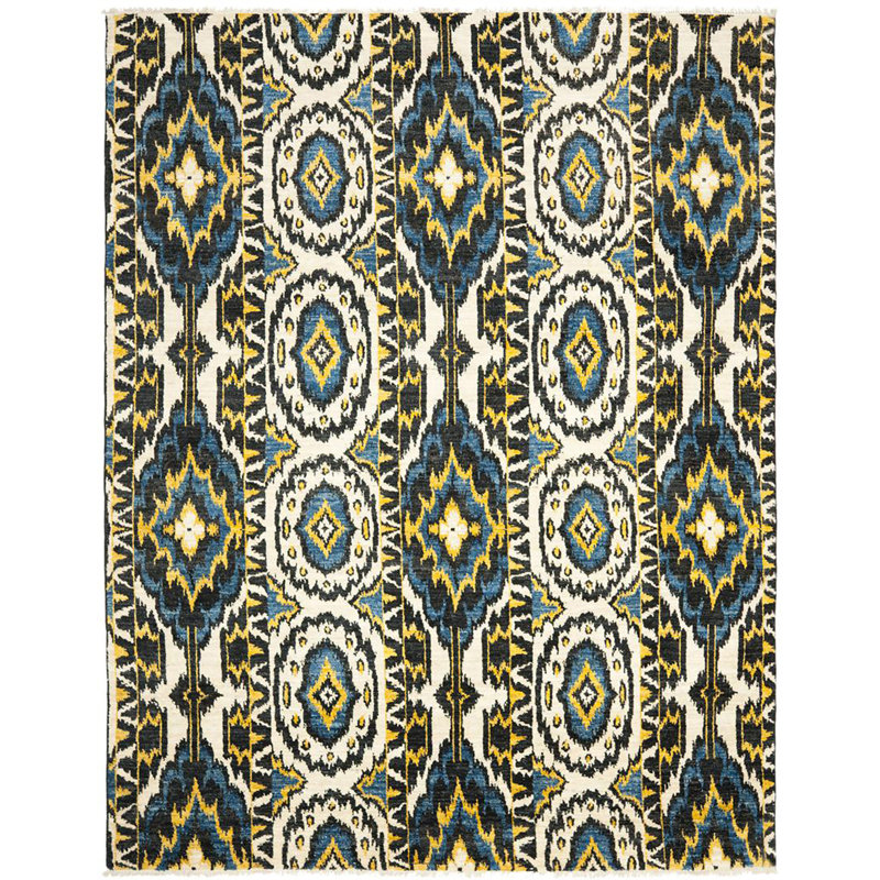 Tapis ivoire/bleu en laine noué la à la main Almonburry, Rectangle 8 pi x 10 pi