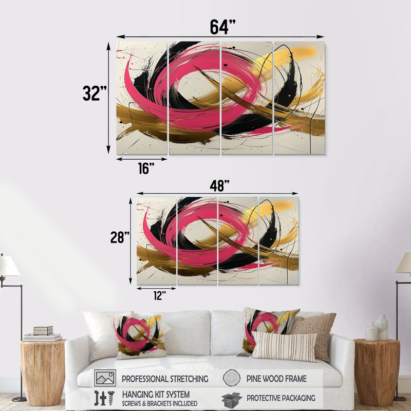 Ensemble de salon abstrait avec cercles abstraits dans des tons roses et dorés II - formes abstraites, H 28 po x l 48 po