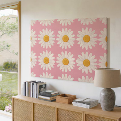 Happy Daisy Grid, toile Pop Art floral sur toile rose tendre, prêt à accrocher
