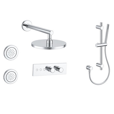 LineaBox Horizontal Round 3-Way Diverter Shower System with 8-Inch Rain Shower Head, Two Body Sprays and Hand Shower with Slide Bar, Valve Included