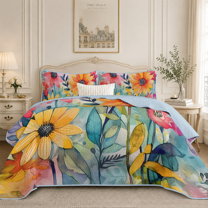 3 Pieces King Quilt Set,Sunflower Bedspreads for King Size Bed,Lightweight Coverlet with 2 Pillow Shams
