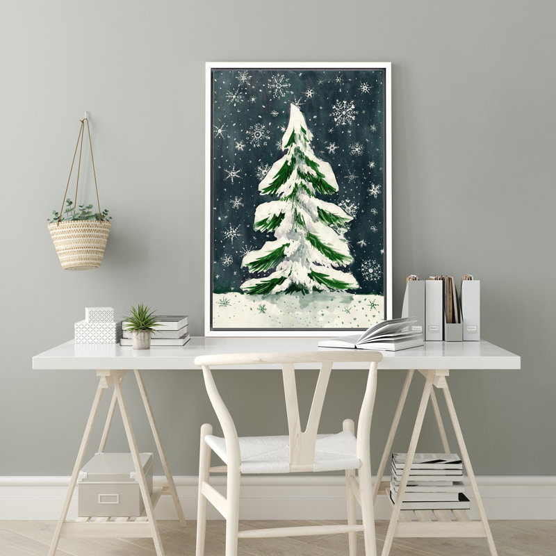 «Snowflake Snow Covered Christmas Tree Winter Modern Holiday Decor», reproduction d'art sur toile encadrée, Blanc