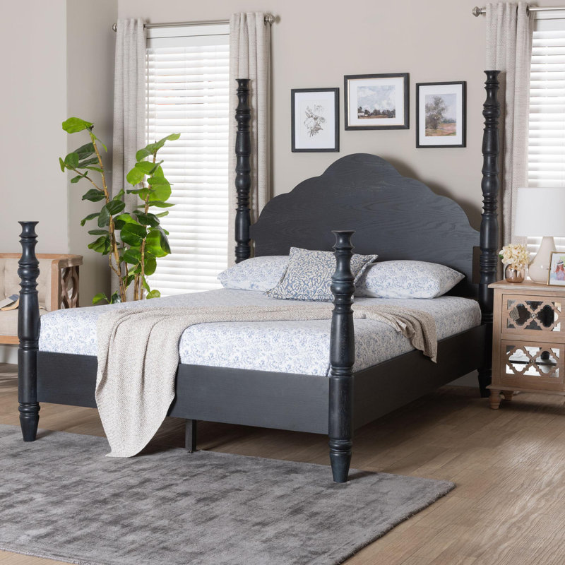 Baxton Studio Martino Four-Poster Platform Bed - Sculpted Post Bed Frame With Panel Headboard, Vintage Spindle Bed, Black, Queen