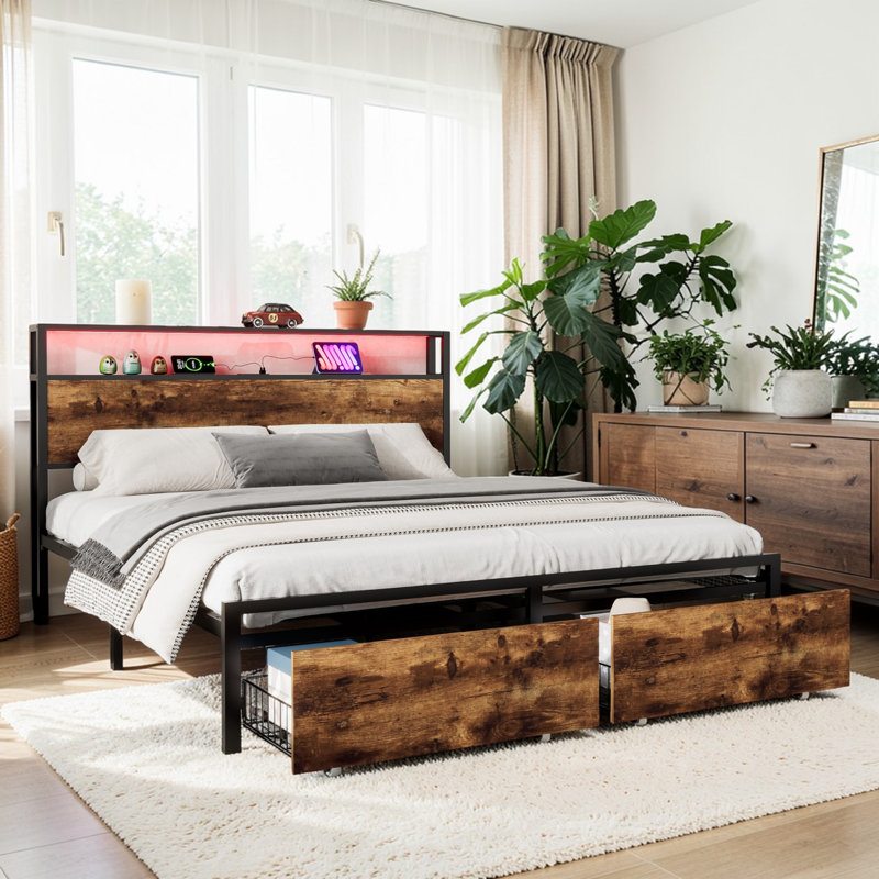 Storage Bed With LED Light Strip Controlled By  App And Bluetooth, And 2 Drawers, 2 USB Port+1 Type Multifunctional bed