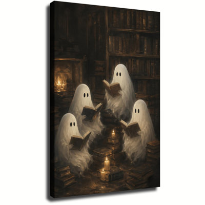 Adorables fantômes lisant de vieux livres dans une bibliothèque ancienne éclairée à la chandelle, toile décorative vintage pour chambre à coucher, idéale pour Halloween.