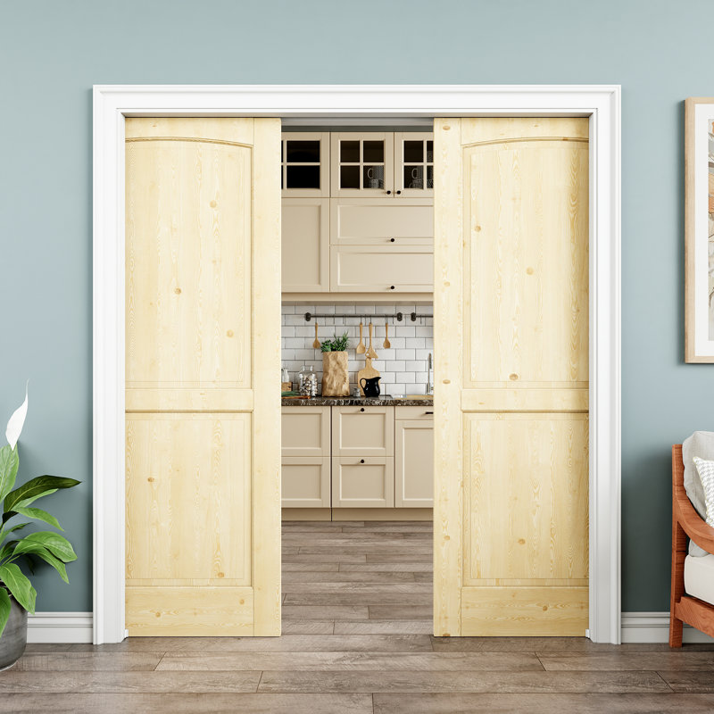 Porte intérieure double en bois de pin 64 po x 80 po à 2 pochettes, bois de pin naturel, pouvant être peint et imperméable, comme portes de buanderie, portes de placard, portes de pièce