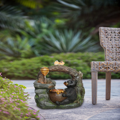 Fontaine décorative 18,5 x 11,8 x 22,6 po à deux niveaux avec motif animalier des bois, fontaine d'extérieur avec lumière et pompe
