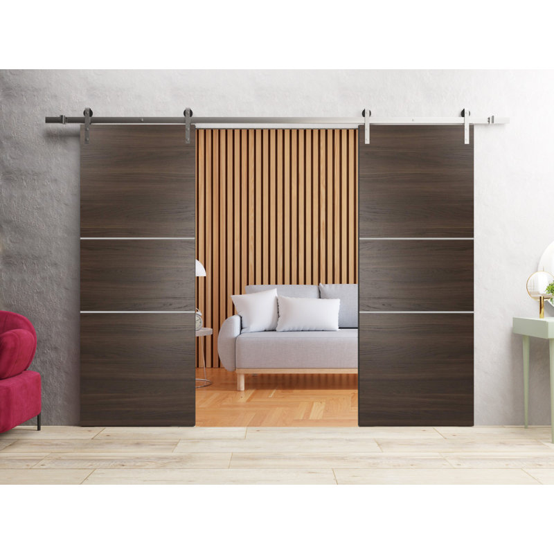 Porte de grange à panneaux en bois, Cendre chocolat / chrome, 64 po x 96 po