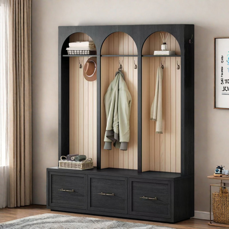 Farmhouse Wooden Style Hall Tree With Arched Design, Bench, 8 Retro Hooks, And 3 Drawers, Black