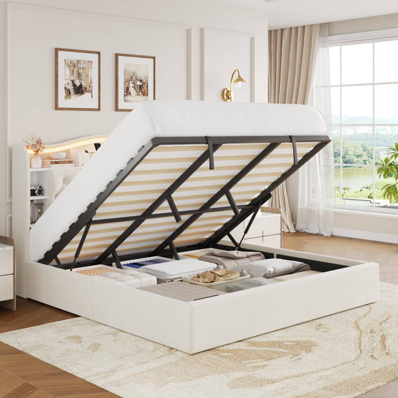 Hydraulic Lift Up Storage Upholstered Platform Bed With LED Storage Headboard, Contemporary Style, Queen