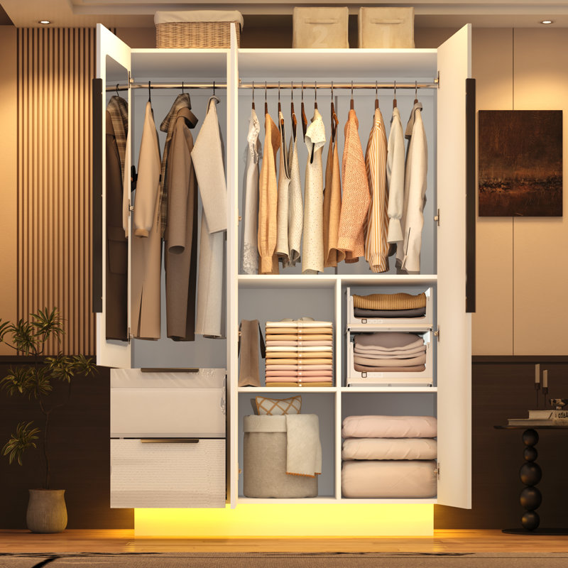 Armoire-penderie moderne ultrabrillante avec tablettes et tringle, Blanc