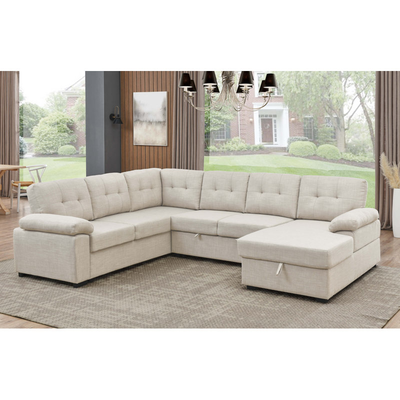 Upholstered U-Shaped Sectional Right Hand Facing, Almond Linen Blend