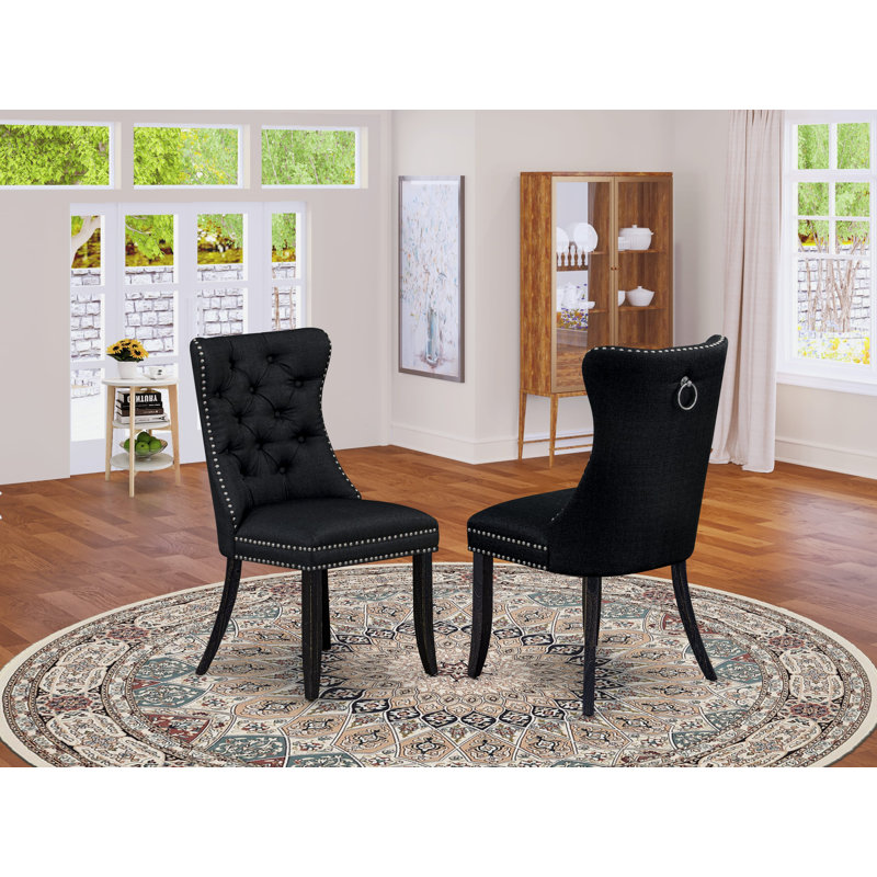 Dallas Parson Chairs - Button Tufted Nailhead Black Polyester Fabric Padded Dining Chairs, Set of 2, Sand Blasted Black