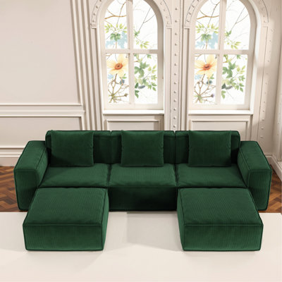 Modulaire de 118 pouces avec fonction de conversion, velours de velours côtelé doux, trois sièges et deux repose-pieds, mousse haute rebond, convient à 3 adultes + 2, sans assemblage, convient aux appartements très longs