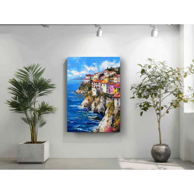 Art mural sur toile lumineux Italie côte, peinture de village balnéaire vibrant, impression Amalfi texturé, joyeux décor méditerranéen, cadeau de pendaison de crémaillère