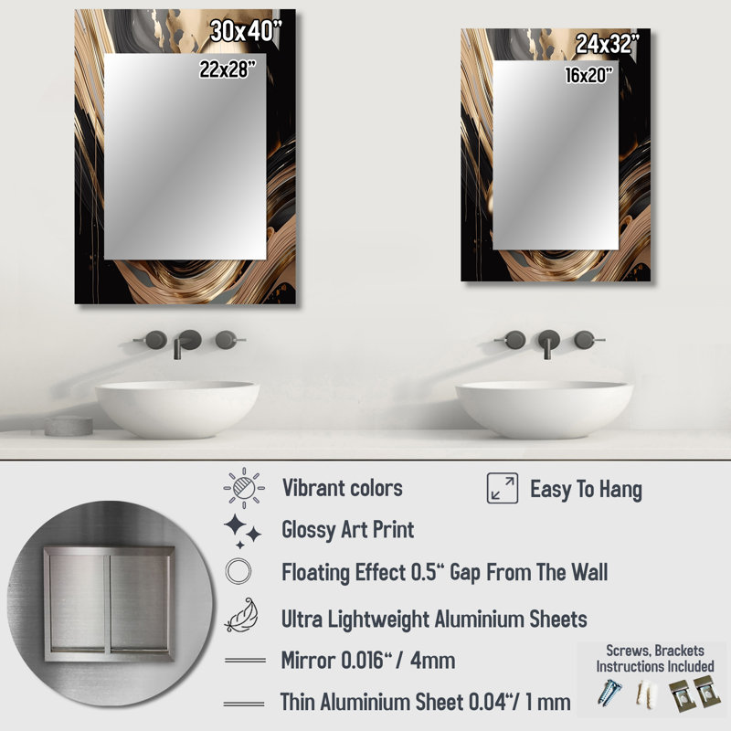 Gold And Black Captivating Marble I - Marble Large Mirror, Modern Decorative Wall Mirror, Printed Metal Art, 32" x 24"