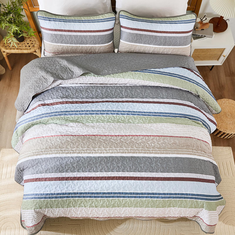 Ensemble de couvre-lit rayé 3 pièces Boho, Courtepointe grand + 2 taies d'oreiller, Gris sauge