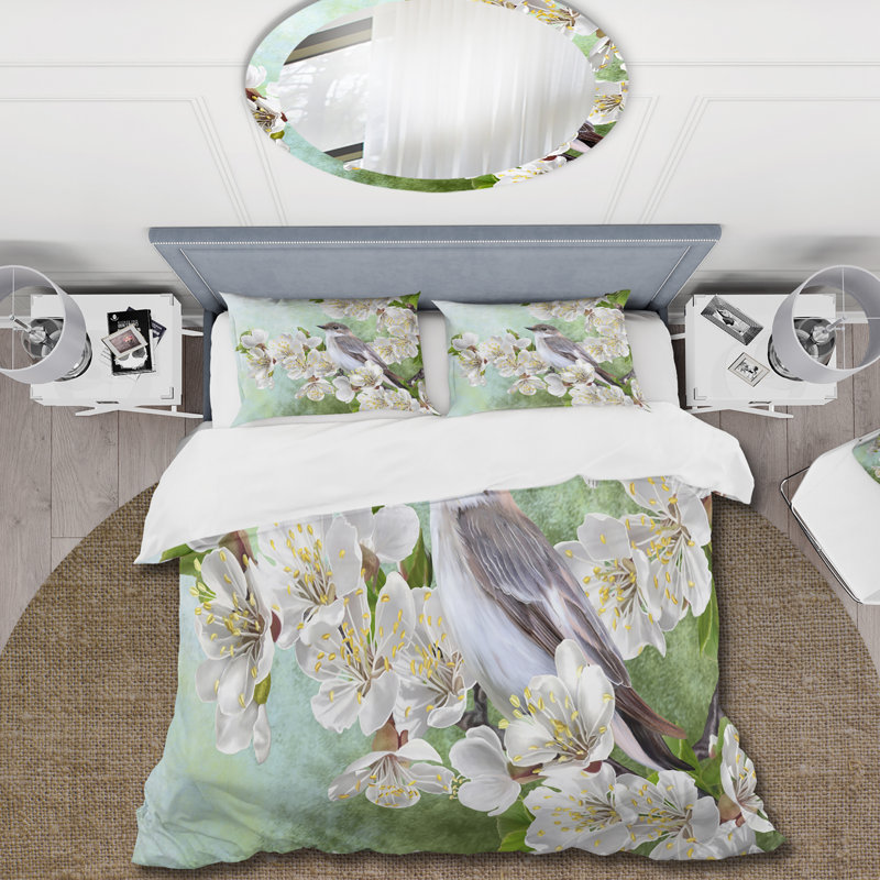 Oiseau gris sur une branche d'arbre en fleurs - Ensemble de housse de couette traditionnel - Microfibre de polyester