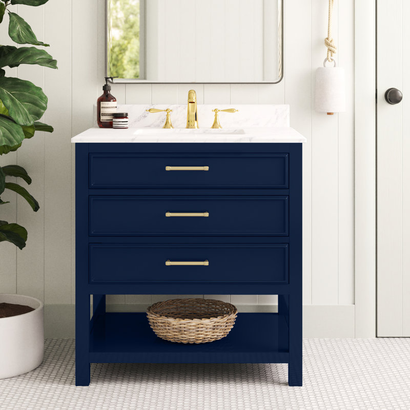 Colleen 31'' Single Bathroom Vanity with Marble Top, Navy Blue