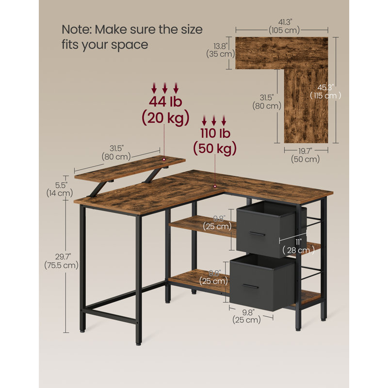 Aliyanah L-Shaped Metal Base Computer Desk, 89.5cm H x 115cm W x 105cm D, Rustic Brown