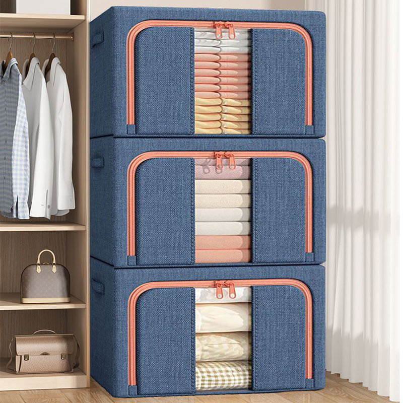 Boîtes de rangement pour vêtements avec cadre en métal (très grand - 105 L), Bleu marine