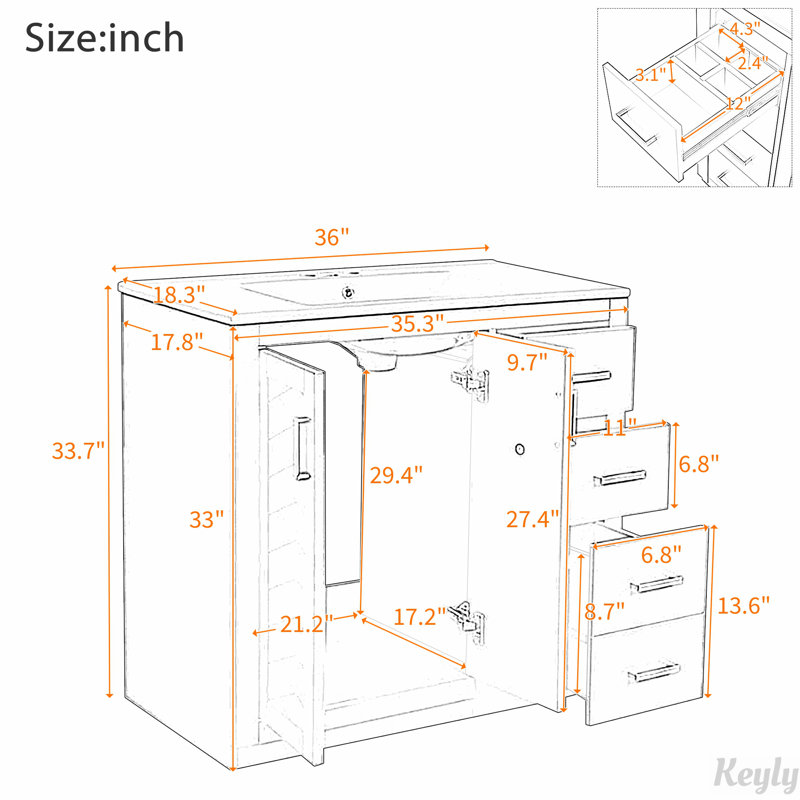 Meuble-lavabo 36 po avec lavabo en céramique, Blanc