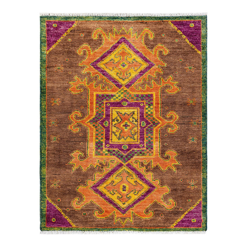 Tapis brun noué à la main de conception unique Rochele