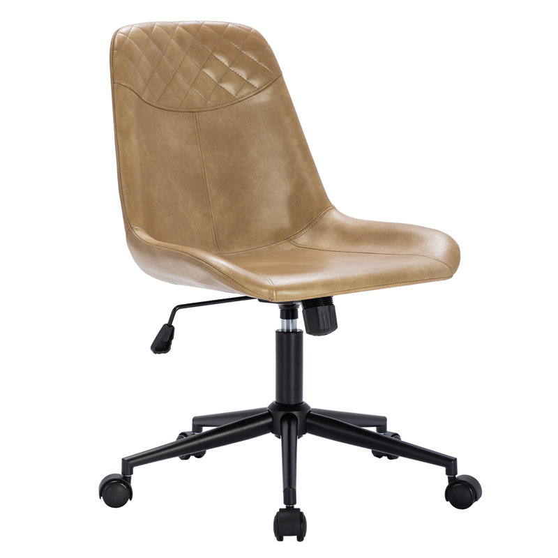 Keavey 23" Wide Leather Mid Back Mid-Century Modern Office Chair , Gold, Dark Brown